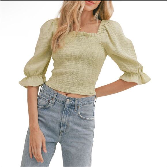 Sadie & Sage Sage Green Smocked Puff Sleeve Crop Top Size S - Picture 6 of 6